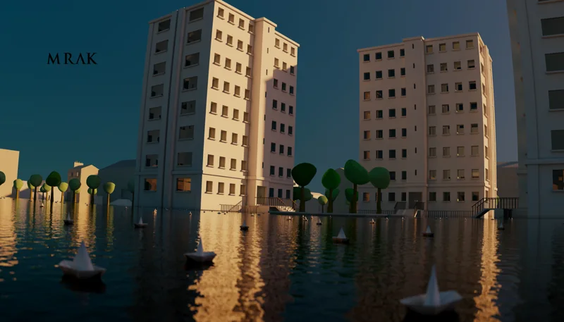 Des bateaux au pied d’immeubles entourés d’eau.