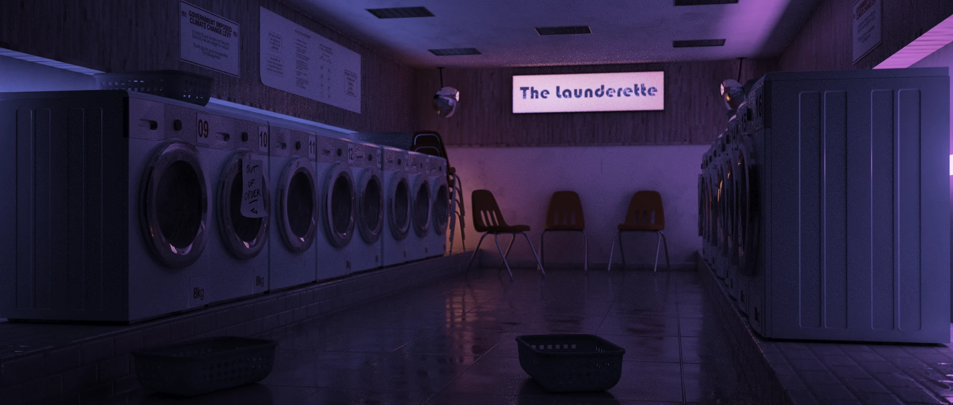 La laverie dans une lumière violette et bleue.