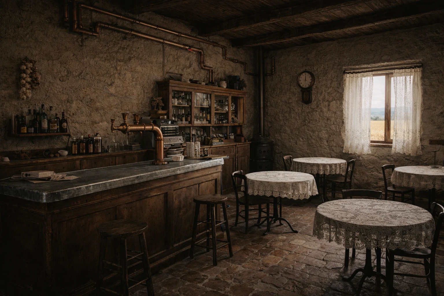 Le comptoir en bois de la brasserie, éclairé par une fenêtre.