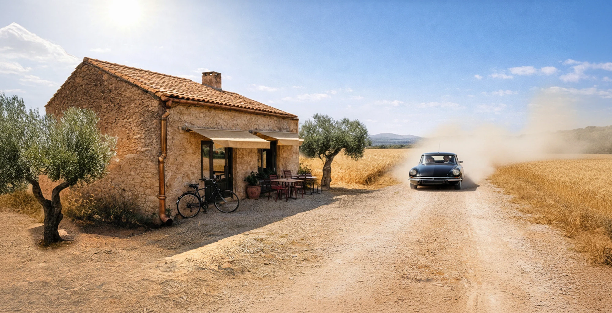 Une brasserie isolée, au bord d’une route de campagne. Une voiture arrive dans la poussière.