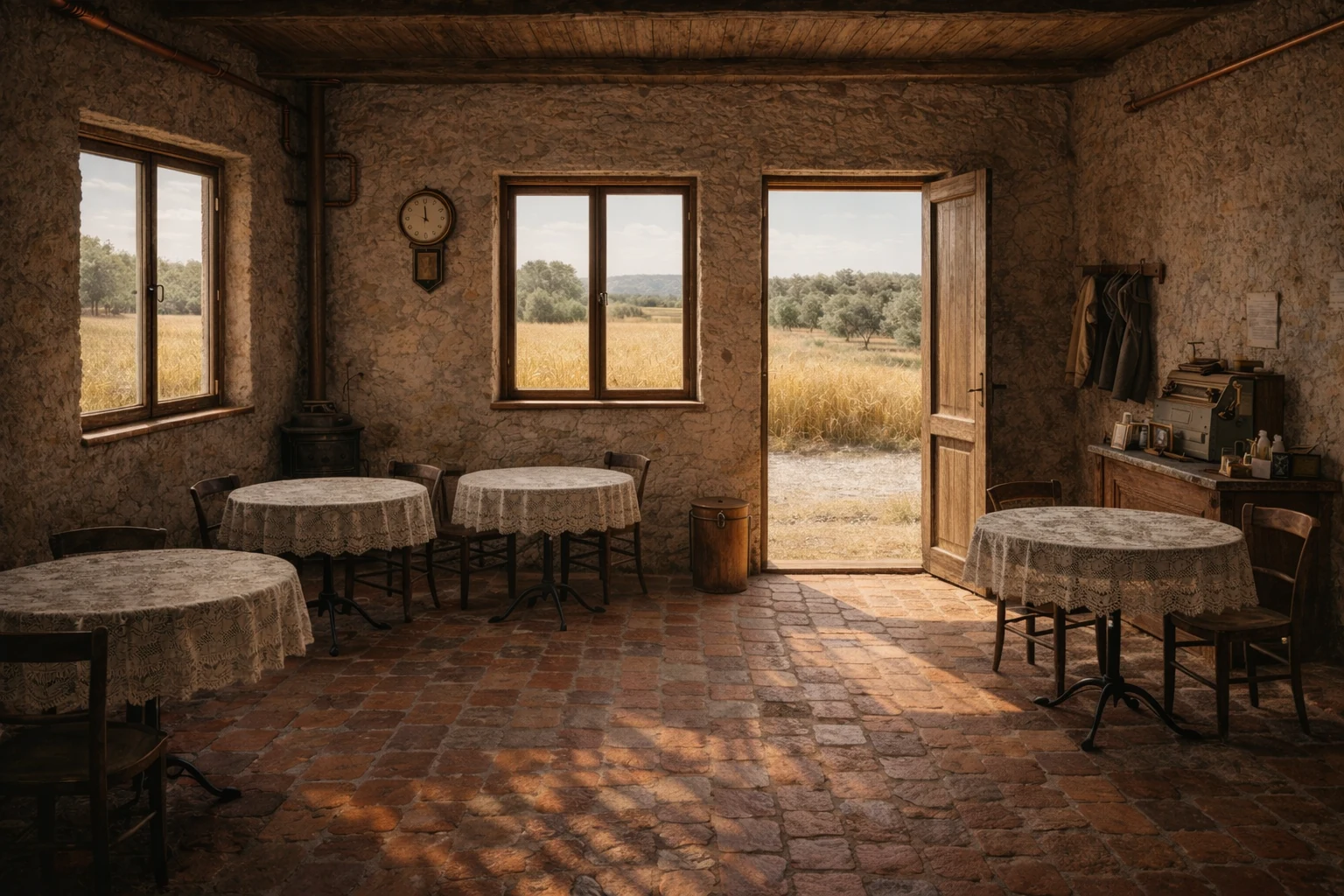 Des tables rondes, des murs en pierre et une porte ouverte sur la campagne.