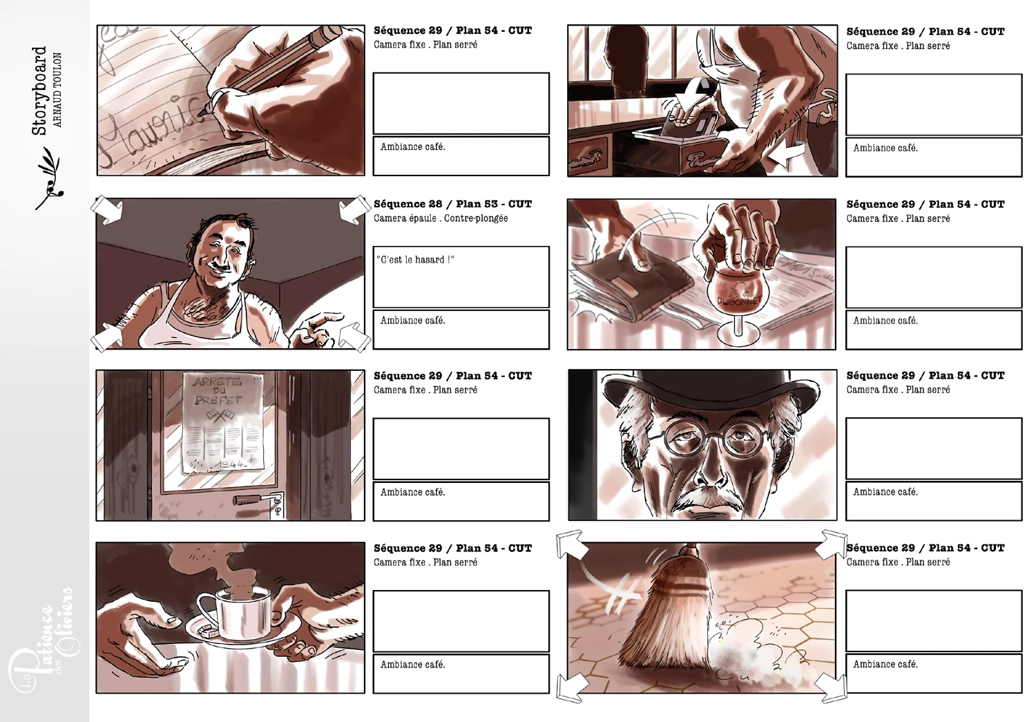 Première planche du storyboard de La Patience des Oliviers, signée Arnaud Touton.