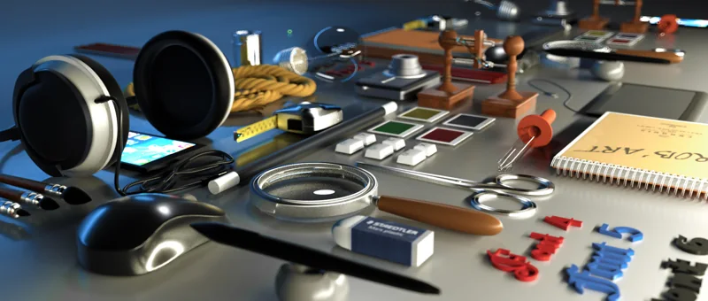 Objets de création et outils disposés sur une table en 3D.